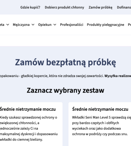 Strona Seni z formularzem zamówienia bezpłatnej próbki Seni Man